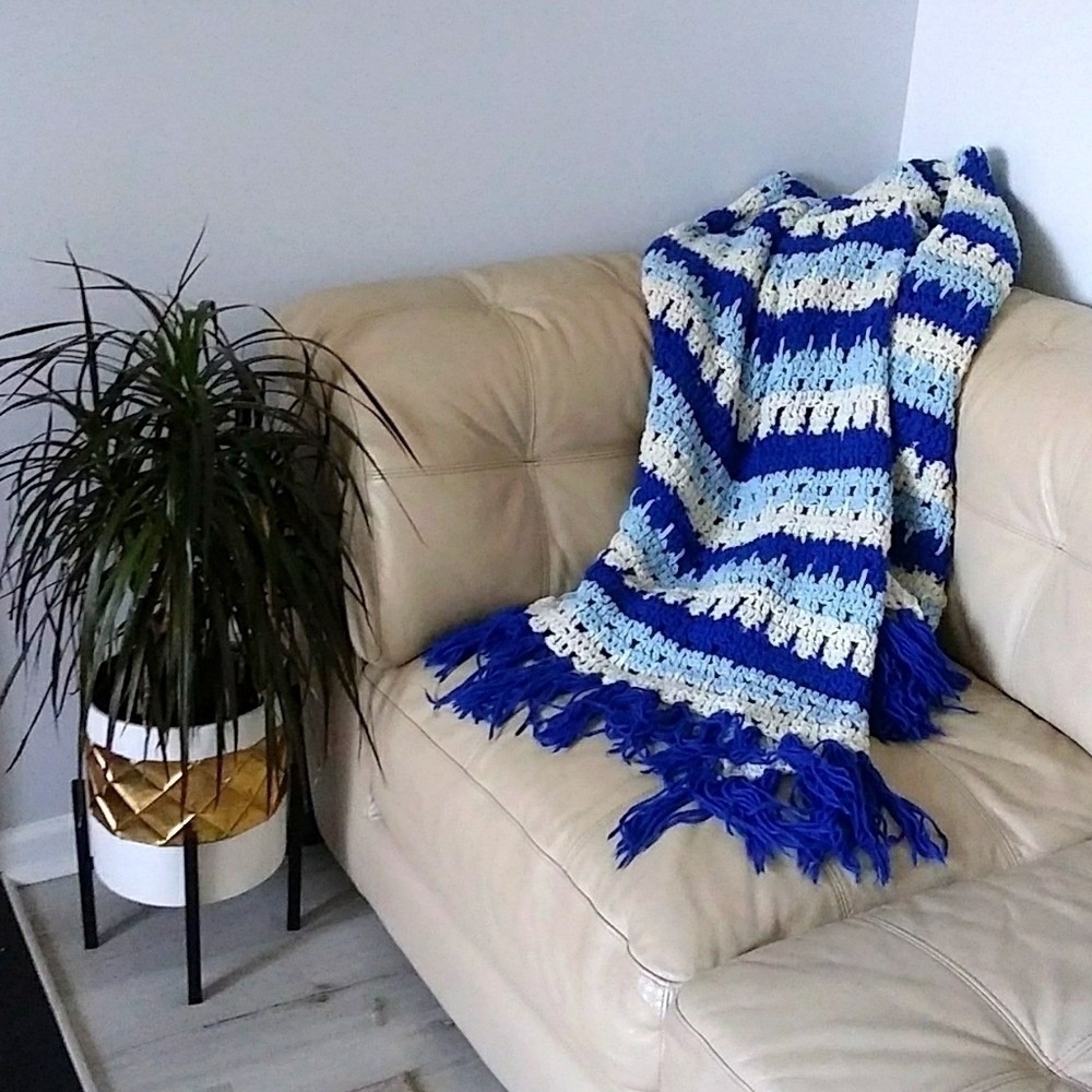 Vintage Multi Colored Crochet Knit Tassel Blanket